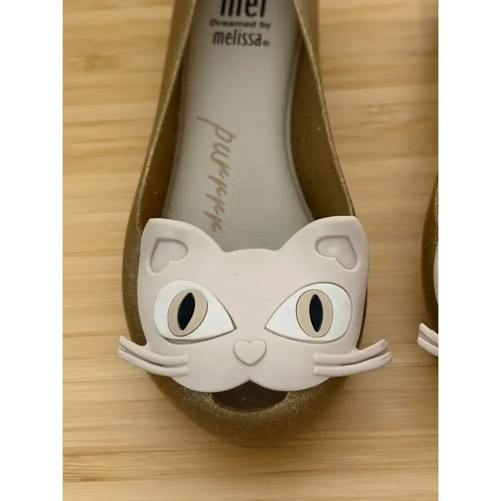 Mel by Melissa Purrfect Cat Glitter Jelly Flats Gold Girls Kids Size 11
